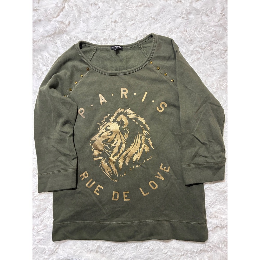 Express Paris Rue De Love Lion Sweatshirt Olive Green Gold Studded Womens Small‎